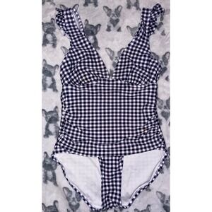 Kona Sol Navy Blue Gingham Ruffle Strap Ruched Slimming One Piece Swimsuit, S